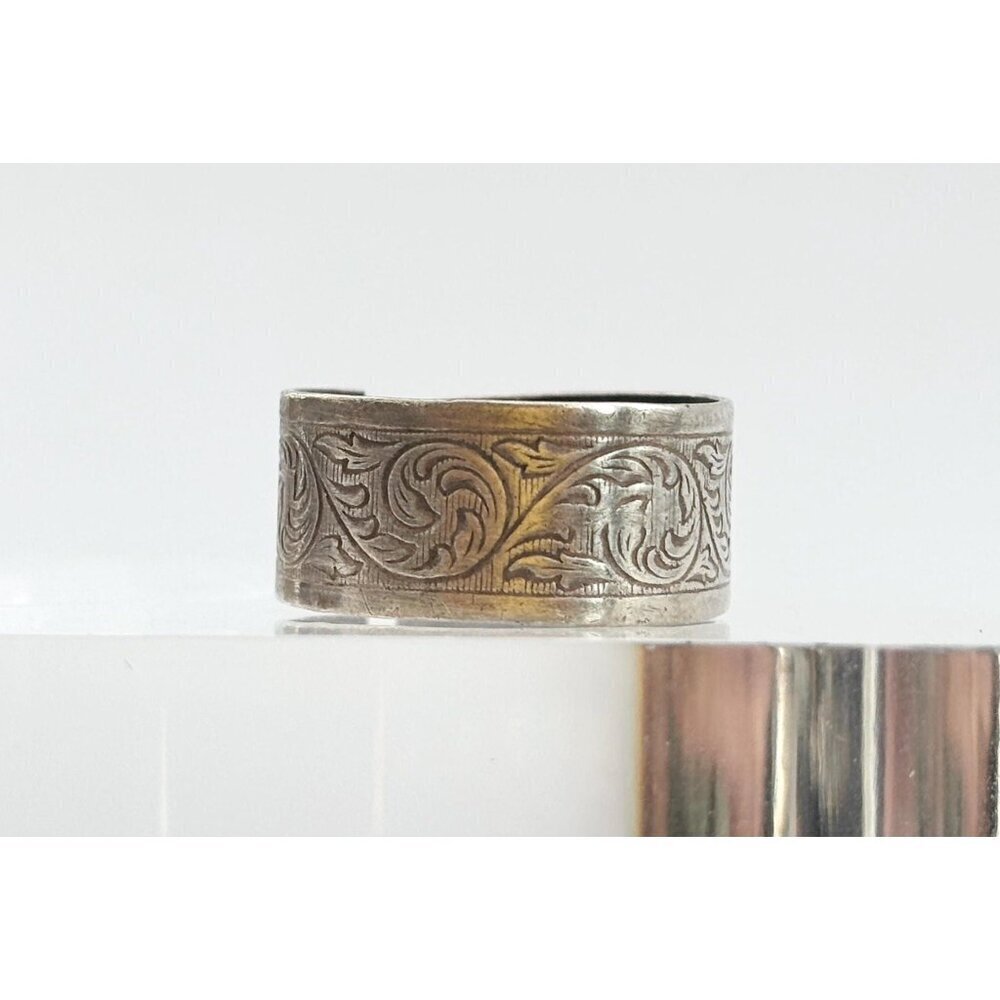 Floral Hand Carved Cigar Banded Shank 925 Sterling Silver Vintage Ring - sz 9